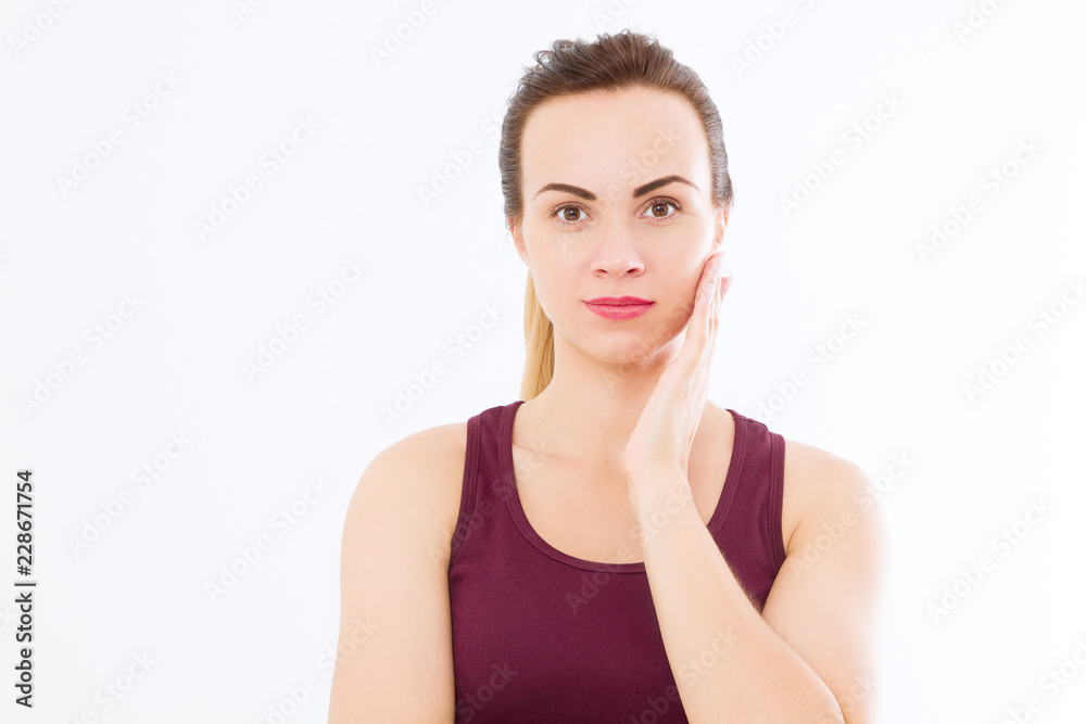 Macro Woman face with no wrinkles on forehead. Skin care and spa face beauty. Cosmetology facial treatment and anti aging concept. Copy space Macro Woman face with no wrinkles on forehead. Skin care and spa face beauty. Cosmetology facial treatment and anti aging concept. Copy space