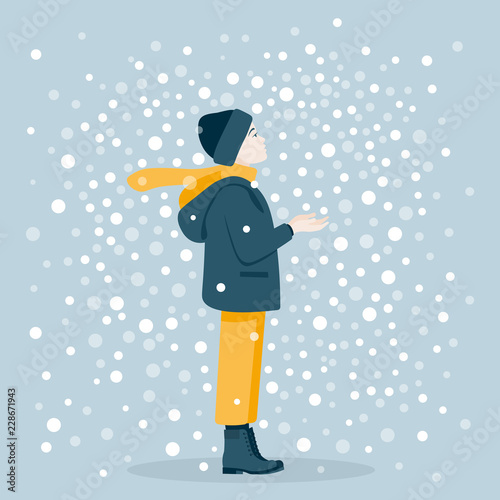 The boy catches snowflakes. Winter Games. Christmas Holidays. Vector flat illustration