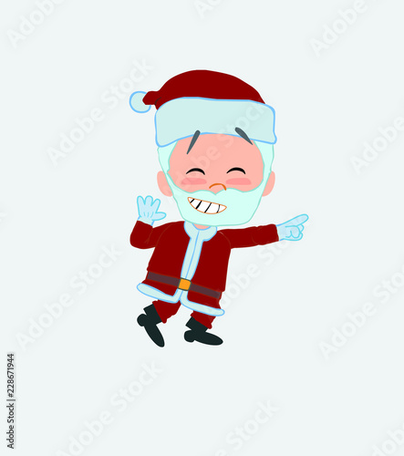Santa Claus pointing to something funny on his left.