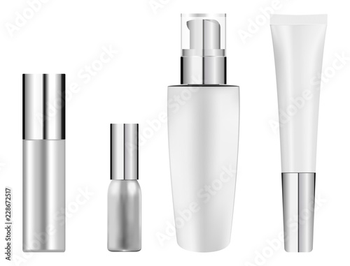 Bottle set for cosmetics. Realistic vector illustration. Mirror lid white basis bottles separated on background. Metallic or plastic material.