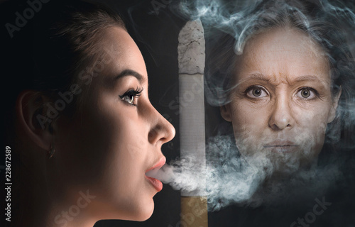 Concept - harm from smoking. Collage about aging of young woman from cigarette. Comparison. Portrait of beautiful girl with problem and clean skin. The healthy lifestyle concept