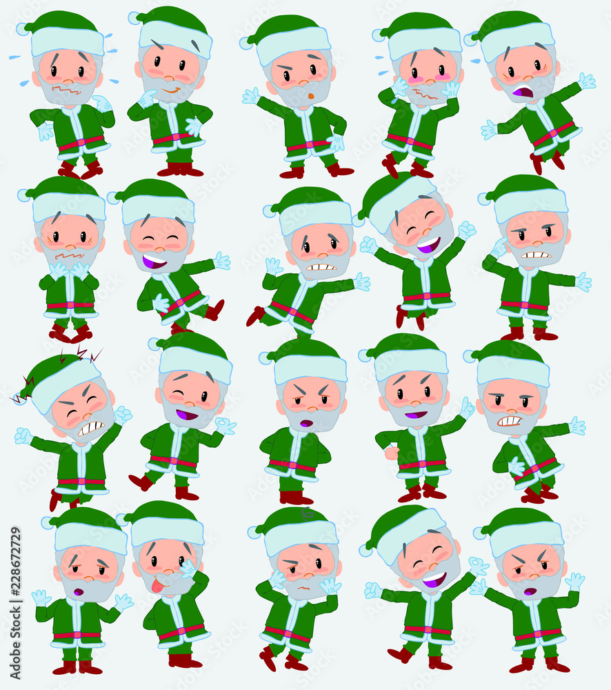 Cartoon character Green Santa Claus. Set with different postures, attitudes and poses, doing different activities in isolated vector illustrations.