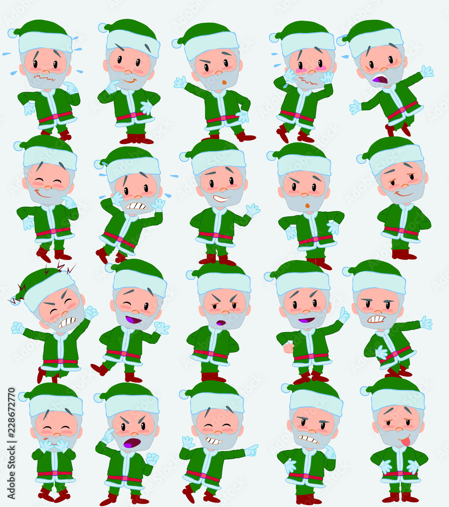 Cartoon character Green Santa Claus. Set with different postures, attitudes and poses, doing different activities in isolated vector illustrations. Cartoon character Green Santa Claus. Set with different postures, attitudes and poses, doing different activities in isolated vector illustrations.
