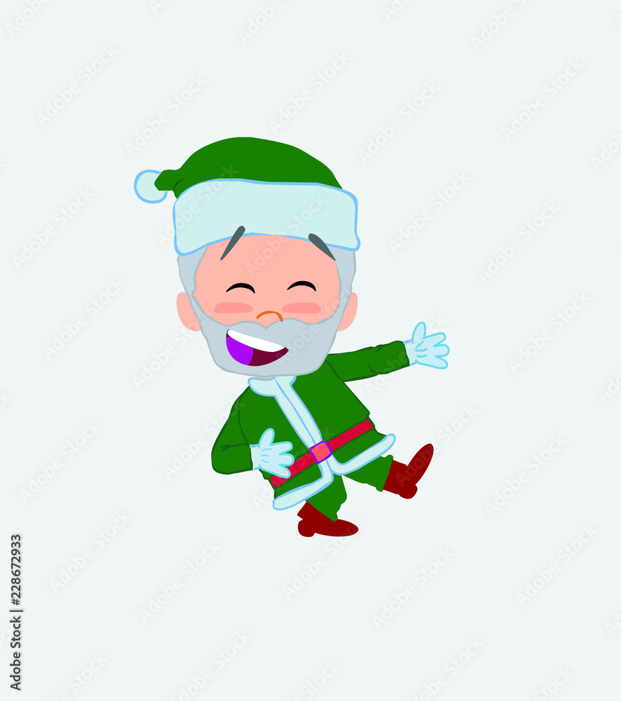 Green Santa Claus laughing while teaching something to his left. 