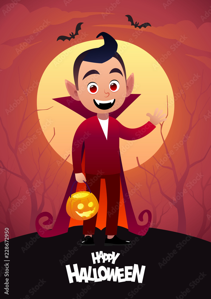 Happy Halloween cartoon character dracula kid costume vampire red  background Stock Vector | Adobe Stock