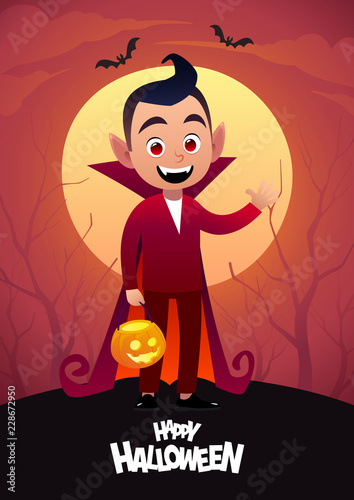 Happy Halloween cartoon character dracula kid costume vampire red background