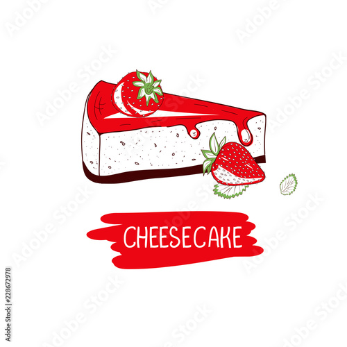 Cheesecake with strawberries. On a white background. Can be used as a logo, sign, symbol, emblem. Abstraction. Sketch