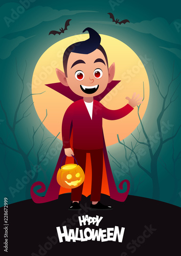 Happy Halloween cartoon character dracula kid costume vampire green background