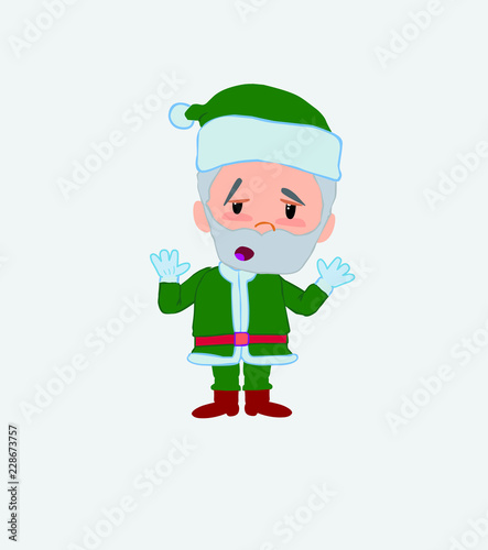 Green Santa Claus makes a gesture of tired resignation.