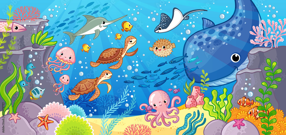 Cute cartoon animals underwater. Vector illustration on a sea