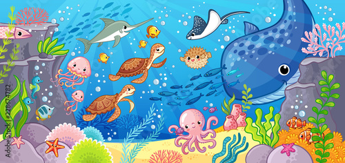 Cute cartoon animals underwater. Vector illustration on a sea theme.