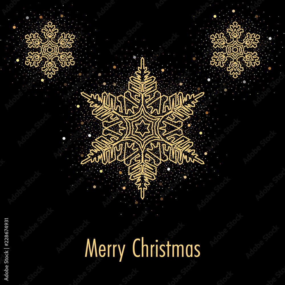 Fototapeta premium Illustration of christmas greeting card or invitation with decorative snowflakes and golden confetti on black background