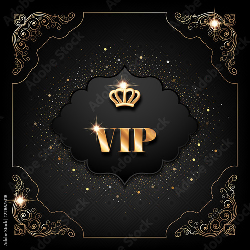 VIP invitation template with golden crown, decorative corners and sparkling confetti on black background
