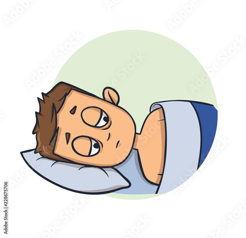 Sleepless young man lying in bed. Insomnia. Cartoon design icon. Colorfull flat vector illustration. Isolated on white background.