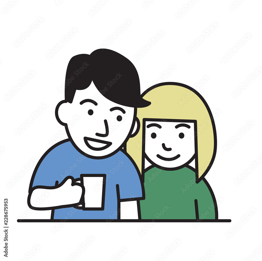 Young couple. Guy holding a mug, smiling girl. Cartoon design icon. Colorful flat vector illustration. Isolated on white background.