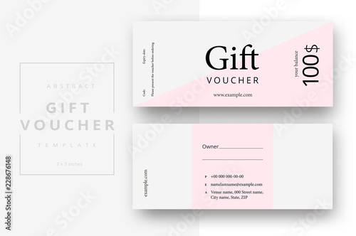 Abstract gift voucher card template. Modern discount coupon or certificate layout with geometric shape pattern. Vector fashion bright background design with information sample text.