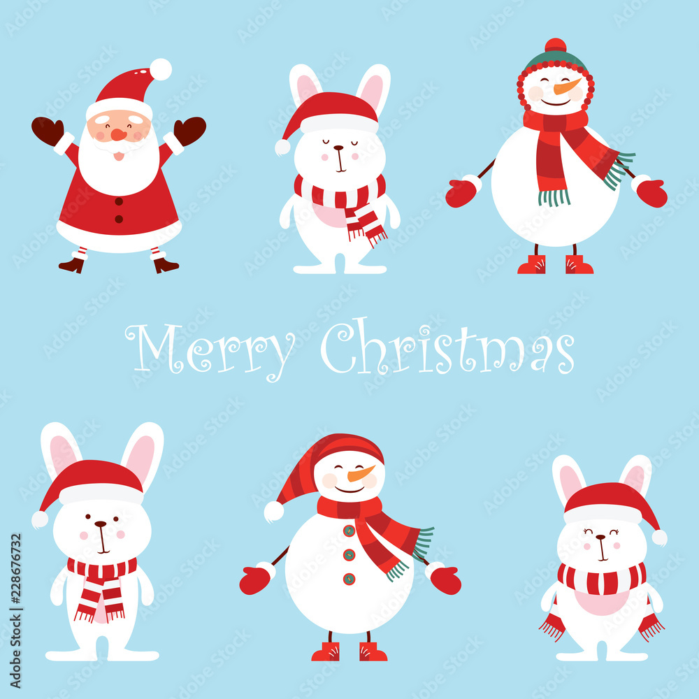 Santa Claus, two funny snowmen, three hares, cartoon set vector set, cute style isolated on blue background illustration Santa Claus, two funny snowmen, three hares, cartoon set vector set, cute style isolated on blue background illustration