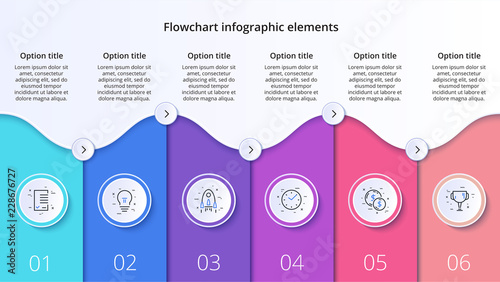 Business process chart infographics with 6 step segments. Circular corporate timeline infograph elements. Company presentation slide template. Modern vector info graphic layout design.