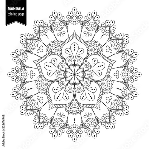Fototapeta Naklejka Na Ścianę i Meble -  Monochrome ethnic mandala design. Anti-stress coloring page for adults. Hand drawn illustration