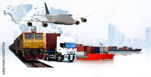 Transportation, import-export and logistics concept, container truck, ship in port and freight cargo plane in transport and import-export commercial logistic, shipping business industry