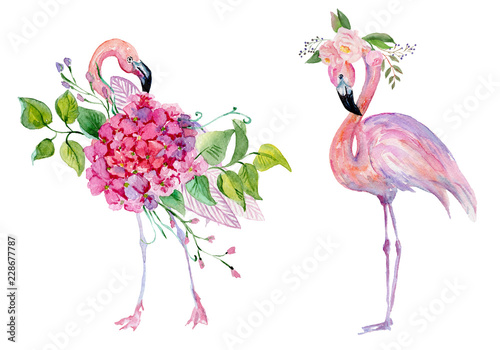 Watercolor pink flamingo and tropical flowers.