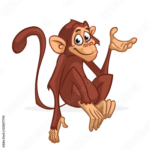Funny cartoon monkey sitting and presenting. Vector illustration of chimpanzee scratching his head.