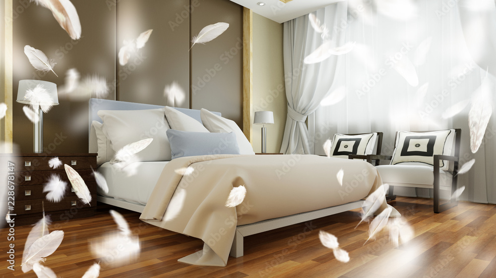 Wunschmotiv: Daunen Federn fliegen im Schlafzimmer #228678147