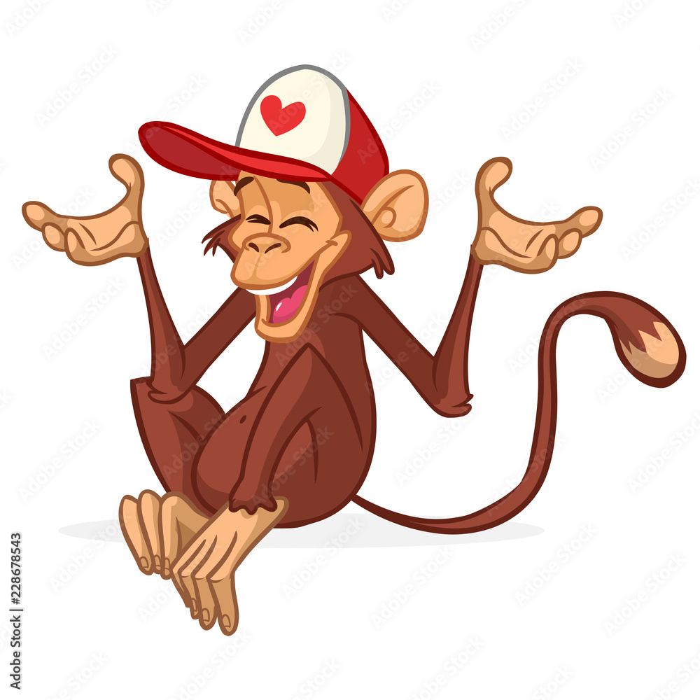 Cartoon funny monkey wearing hat cap and smiling. Vector illustration