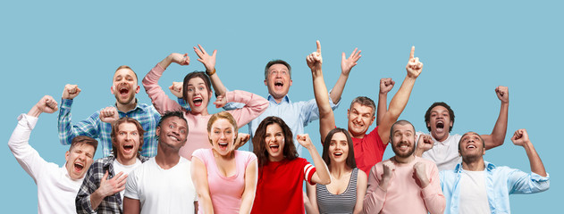 Collage of winning success happy men and women celebrating being a winner. Dynamic image of caucasian male and female models on blue studio background. Victory, delight concept. Human facial emotions