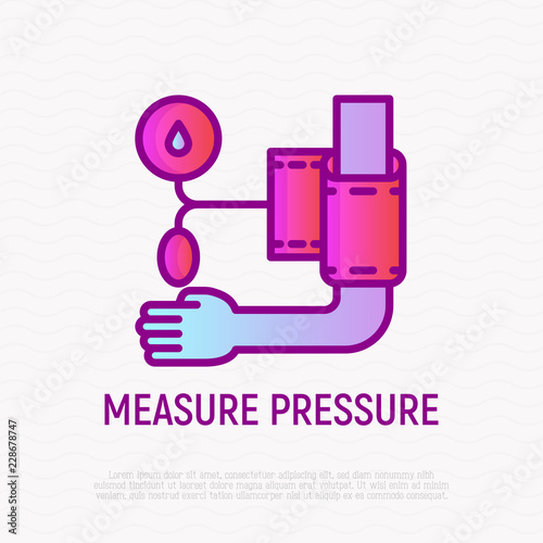 Measure pressure thin line icon: tonometer on hand. Modern vector illustration of medical procedure.