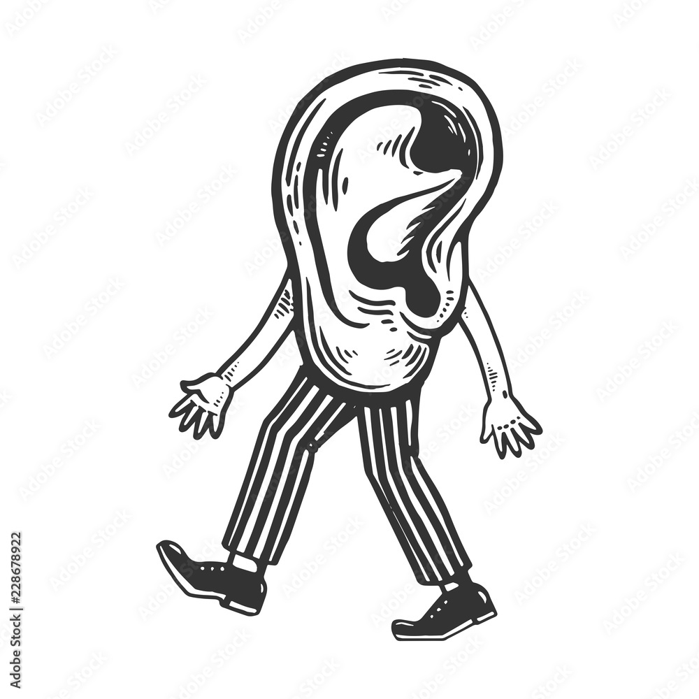 Obraz premium Human ear walks on its feet engraving vector illustration. Scratch board style imitation. Black and white hand drawn image.