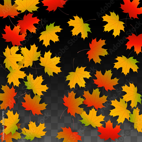 September Vector Background with Golden Falling Leaves. Autumn Illustration with Maple Red, Orange, Yellow Foliage. Isolated Leaf on Transparent Background. Bright Swirl. Suitable for Posters.