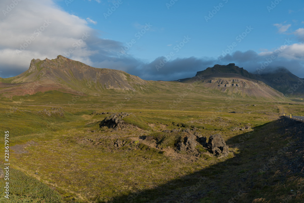 Typical Iceland landscape on sunet with the road 1
