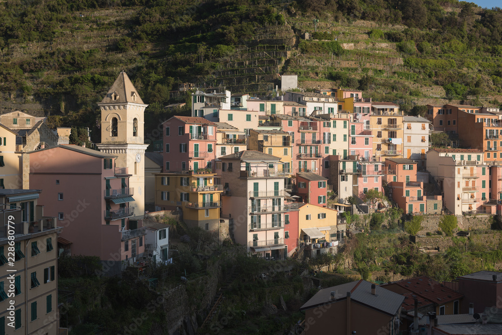 Obraz premium Manarola, second smallest, loveliest and oldest of Cinque Terre seaside villages along the Ligurian rugged coast, view of its attractive and colorful houses, La Spezia province, Liguria region, Italy