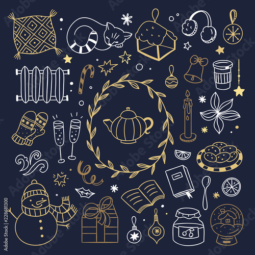 Golden hygge winter elements and doodle illustrations. Cute Christmas icons on dark background