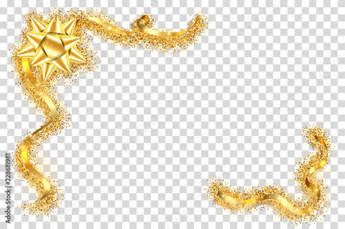 Gold ribbon frame. Golden serpentine design. Decorative streamer border, isolated transparent white background. Decoration for Christmas, carnival, holiday celebration, birthday. Vector illustration