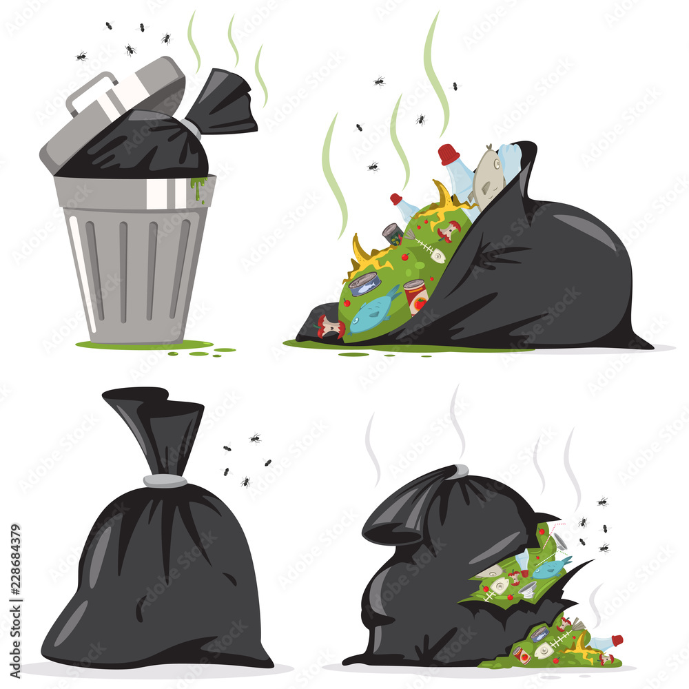 Vector illustration black bag with garbage isolated on white background.  Packages big black plastic bags with wastes, rubbish and litter. Stock  Vector by ©cobectbhax.gmail.com 219188326