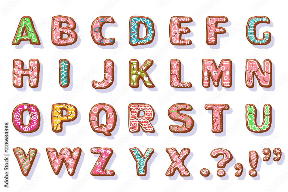 Ginger cookies alphabet. Christmas food letters vector cartoon set ...