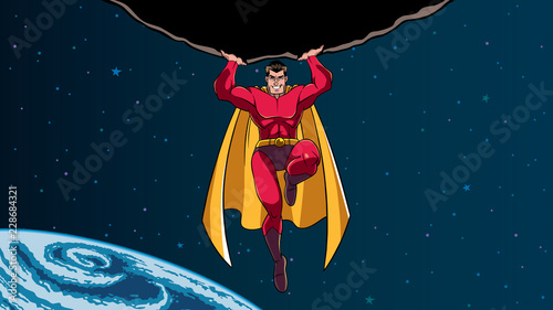 Comic style Illustration of powerful and brave superhero holding huge asteroid above his head during dangerous mission.