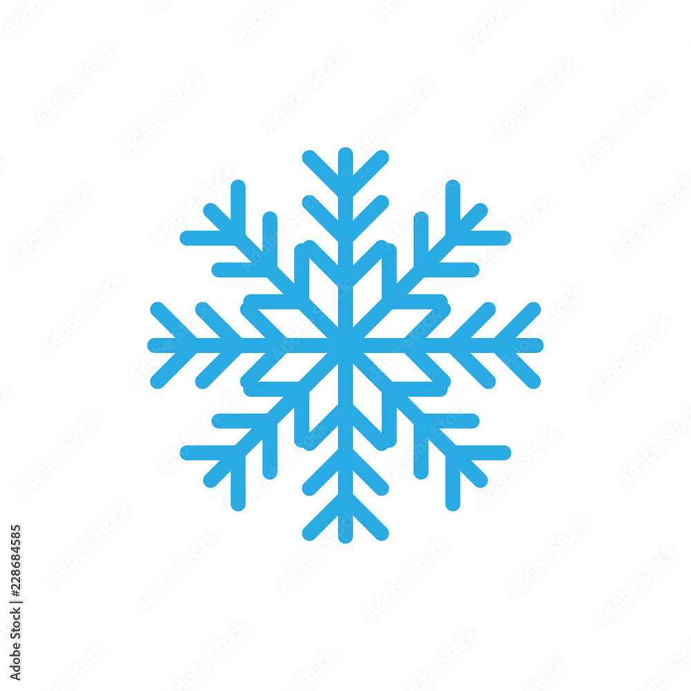 Snowflake icon. Blue silhouette snow flake sign, isolated on white background. Flat design. Symbol of winter, frozen, Christmas, New Year holiday. Graphic element decoration. Vector illustration