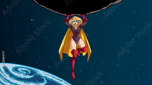 Looping animation of powerful and brave superhero holding huge asteroid above his head during dangerous mission.