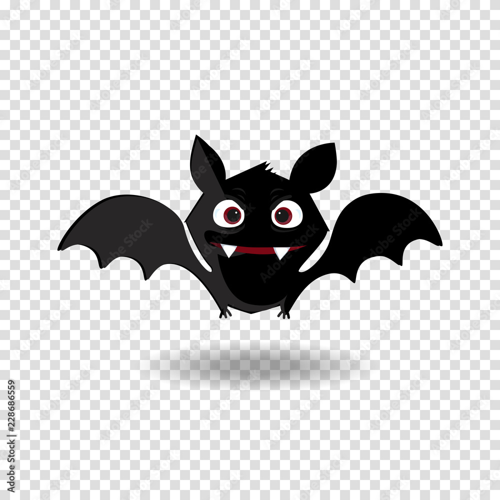 Vampire cartoon bat with fangs and red eyes on transparent background.
