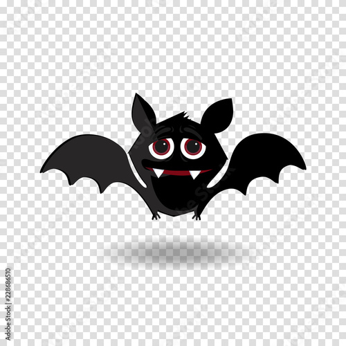 Funny cartoon bat with fangs and red eyes on transparent background.