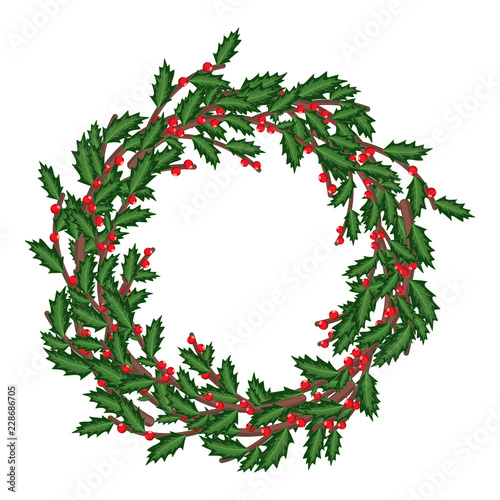 Christmas holly berry wreath. Vector cartoon holiday decoration element isolated on a white background.