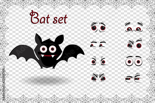 Halloween vector set of cute cartoon bat character for creation emotions on transparent background