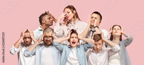 The collage about men and woman having headache. Isolated on pink background. Businessmen standing with pain isolated on trendy pink studio background. Human emotions, facial expression concept