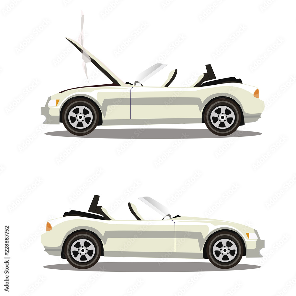 Vector set of broken cartoon white cabriolet sport car before and after crash isolated on white
