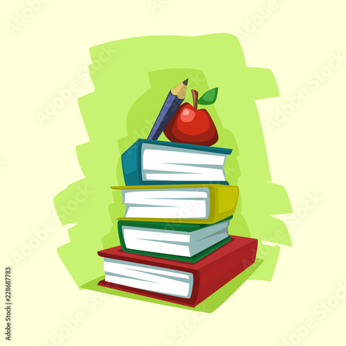 vector cartoon hand drawn book pile with apple pencil illustration for back to school banner template