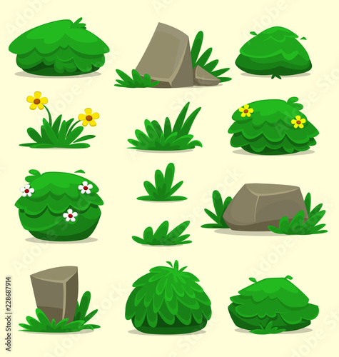 vector cartoon isolated bush tree and grass rock template collection set