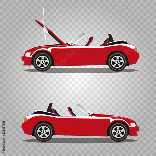 Vector set of broken cartoon red cabriolet sport car before and after accident isolated